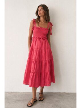 Tuckernuck Smocked Tie Strap Tiered Midi Dress Pink Cotton Blend Ruffle XXXL
